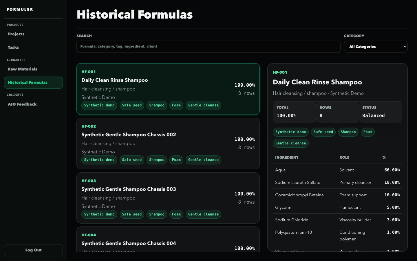 Current FORMUL8R Historical Formulas library using synthetic safe-seed formulas