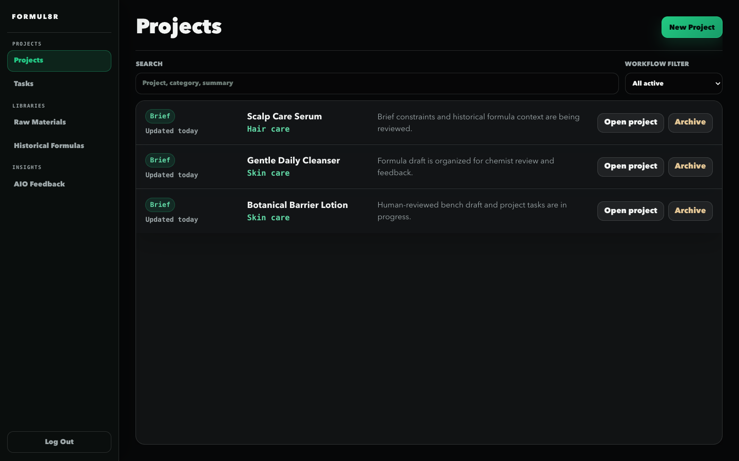 FORMUL8R Projects dashboard populated with safe invented project data